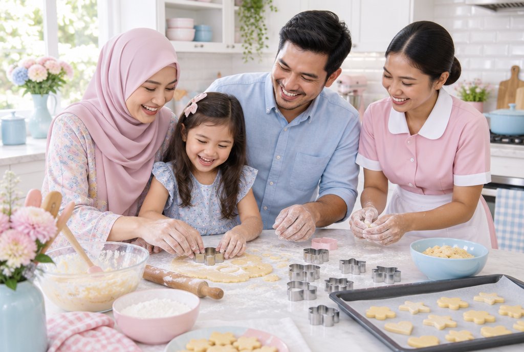 Family and their helper baking together