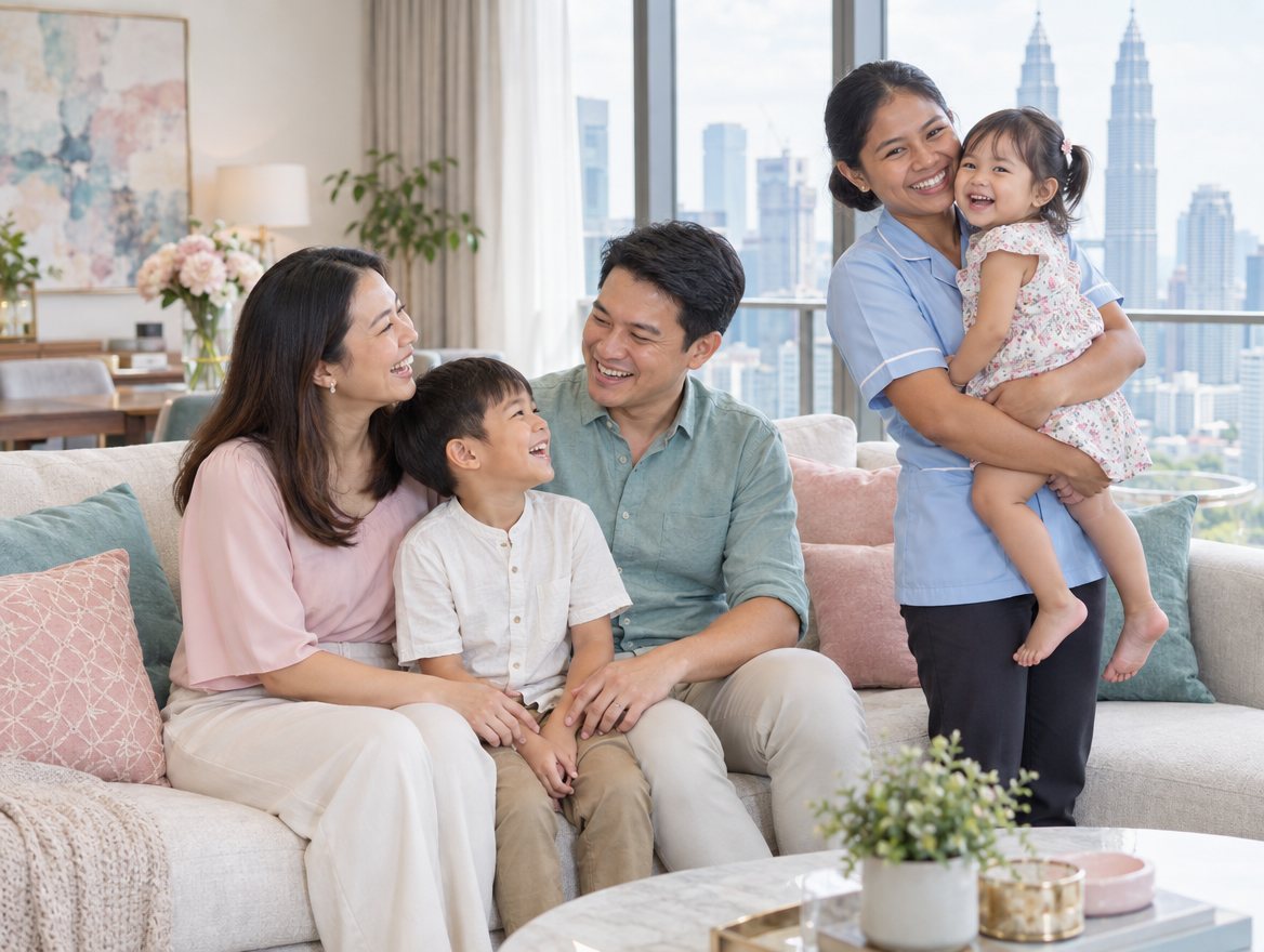 A Malaysian family at home with their domestic helper