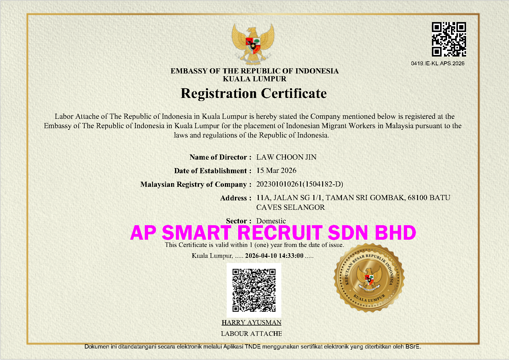 smart recruit indonesian sipermit certificate
